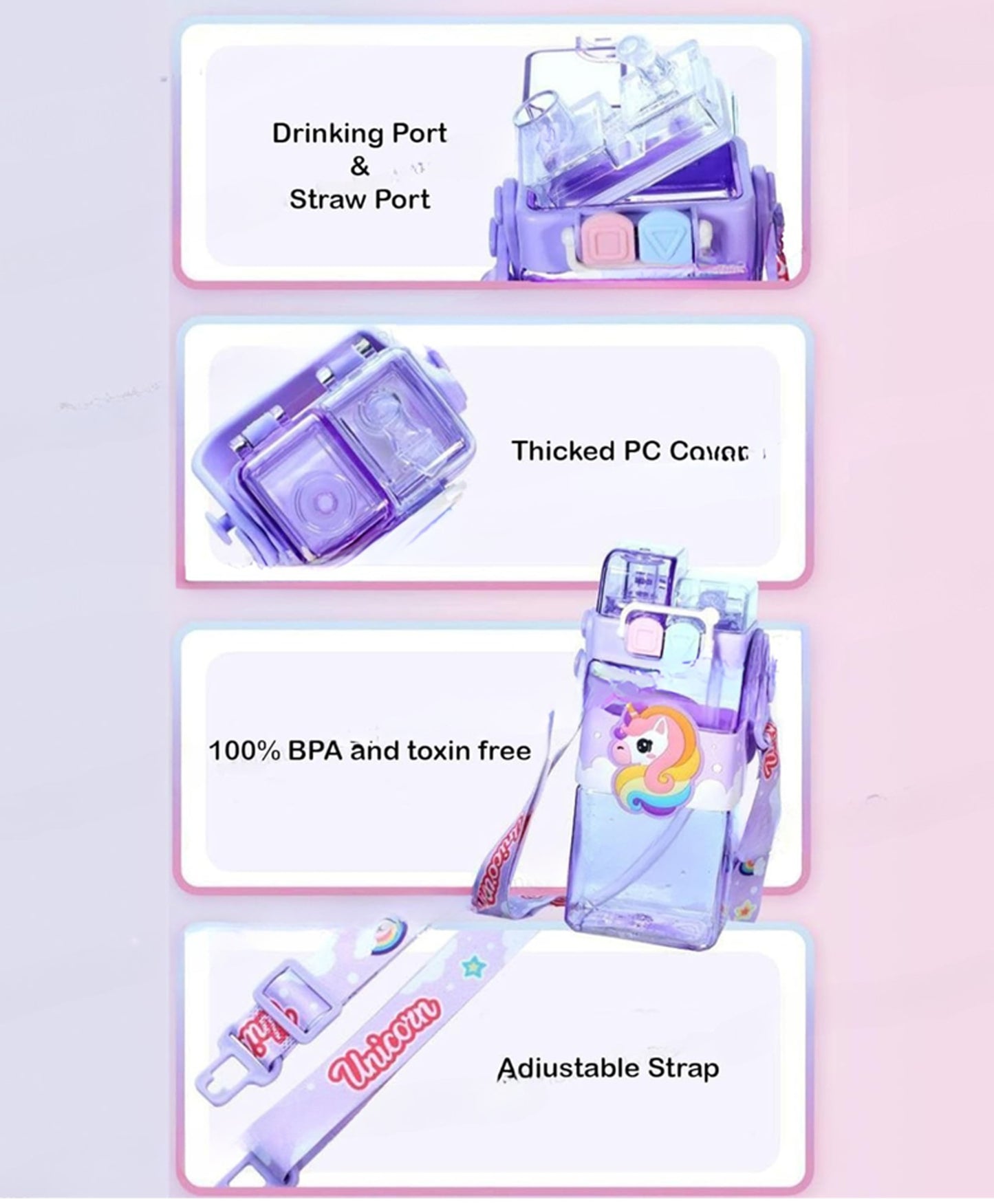 Unicorn Double Straw Water Bottle 520ml