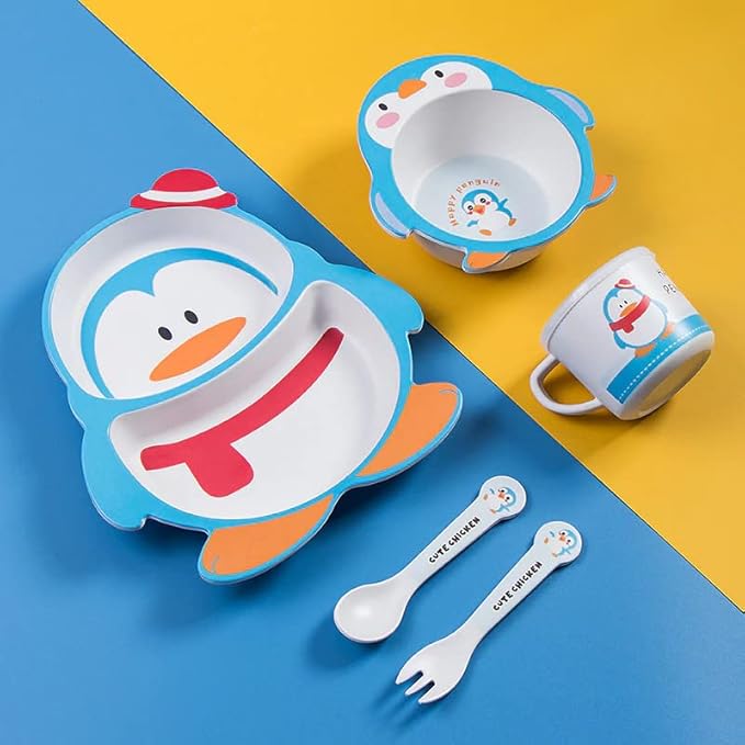 Playful Penguin Bamboo Kids Dinner /Feeding Set of 5