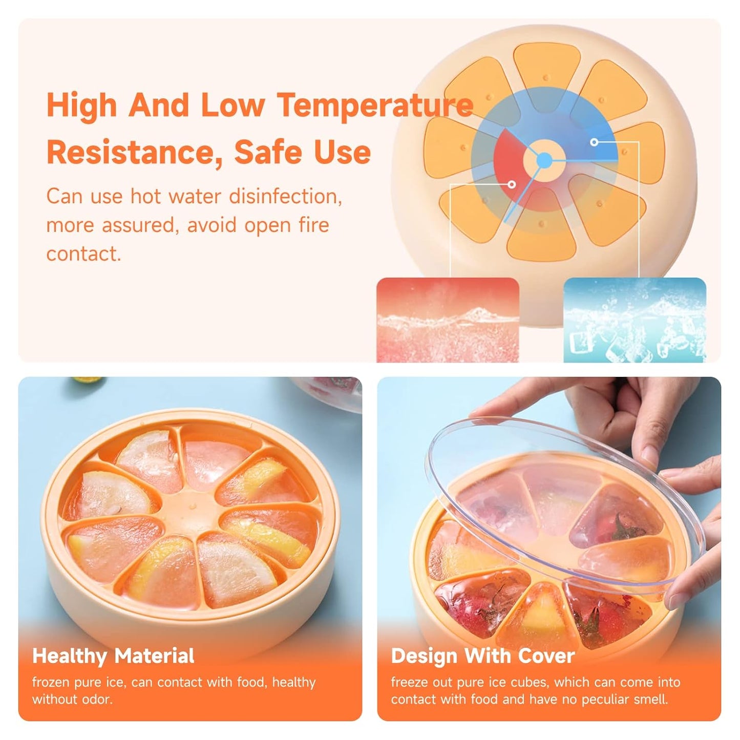 Orange Shape Ice Box, 8-Piece Ice Cube Tray with Lid