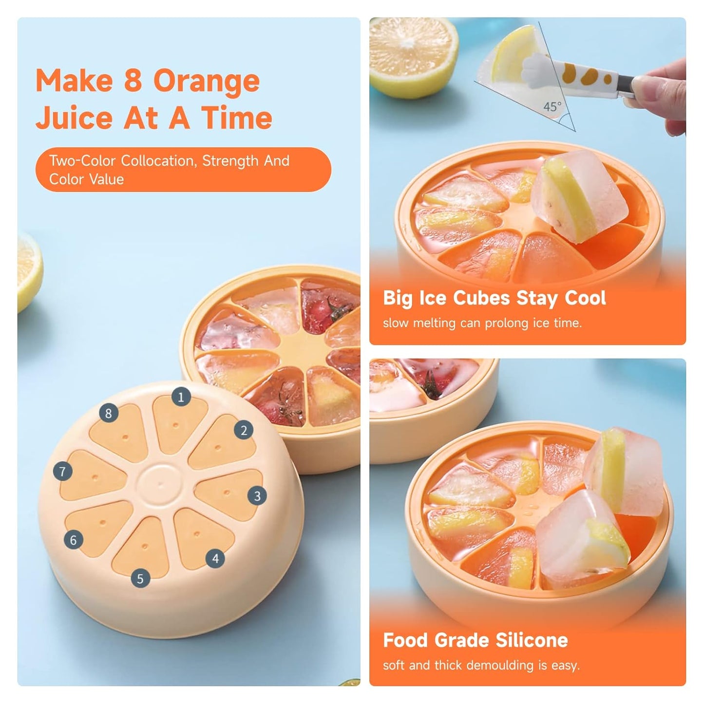 Orange Shape Ice Box, 8-Piece Ice Cube Tray with Lid